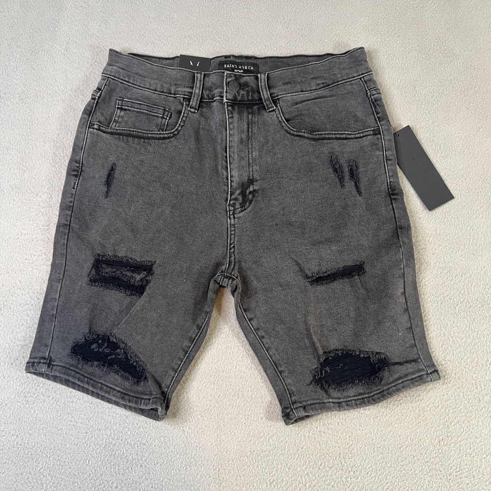 Saint Morta Black Distressed Denim Shorts Mens 30 x 8 Inseam Holes Thrashed NWT